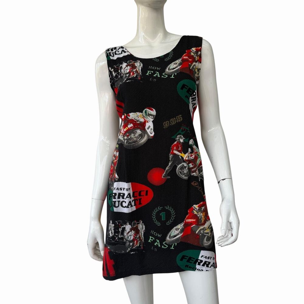 VTG 90’s Fast By Ferracci Ducati Print JAMS WORLD Rayon Dress Motorcycle Print